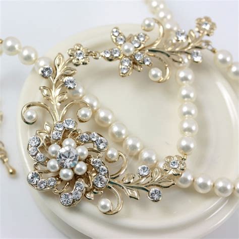 Gold Pearl Bridal Necklace Gold Wedding Jewelry Vintage Flower Leaves