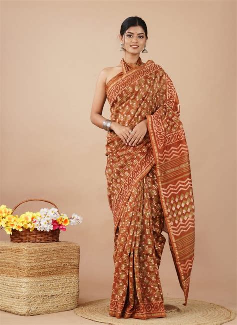 Party Wear Hand Block Printed Chanderi Silk Sarees M With Blouse