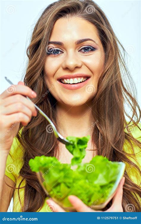 Woman Eating Salad Close Up Face Portrait Of Smiling Woman Stock Image