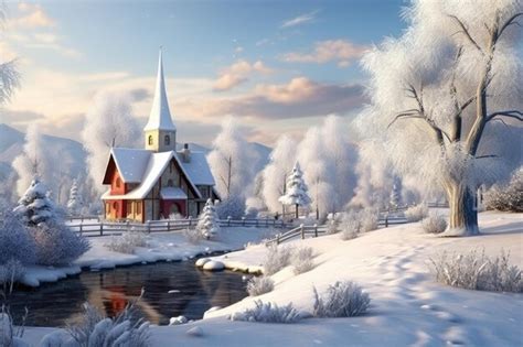 Premium AI Image | Snowcovered church by a river in a winter landscape