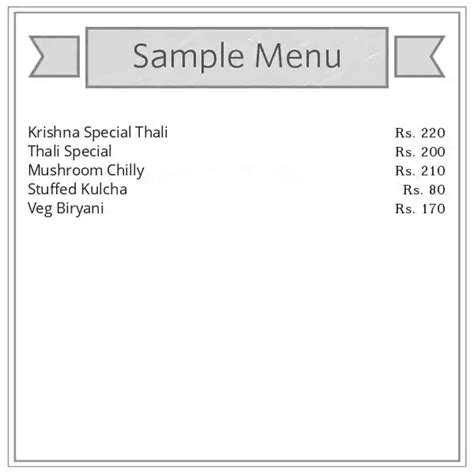 Menu Of Krishna Madhur Mishthan Bhandar Vaishno Dhaba Basant Nagar