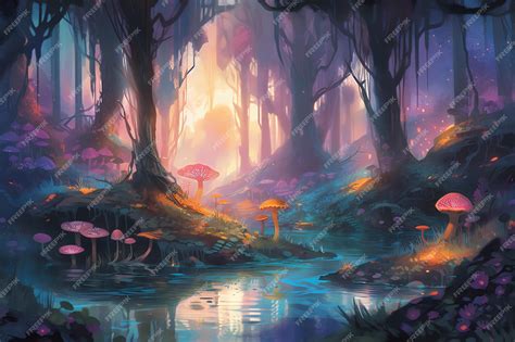 Premium Photo | Fantasy magical forest and lake illustration concept art