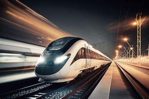 Train à grande vitesse à la gare et paysage urbain flou la nuit sur