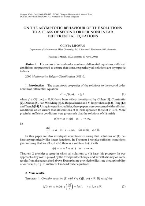 Pdf On The Asymptotic Behavior Of The Solutions To A Class Of Second