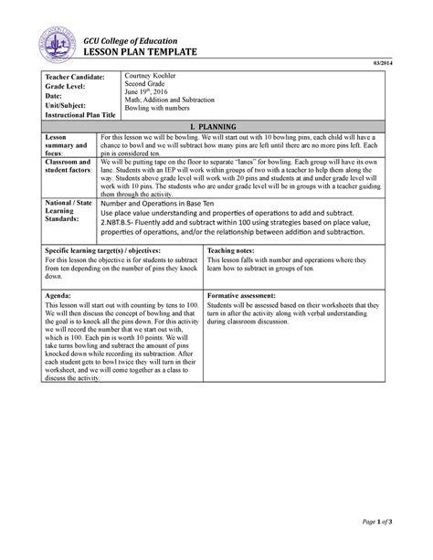 CKoehler COE Lesson Plan Math GCU College Of Education LESSON PLAN