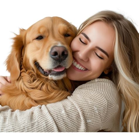 Premium PSD | Woman with retriever wear casual clothes cuddle hug dog close eyes take care about ...