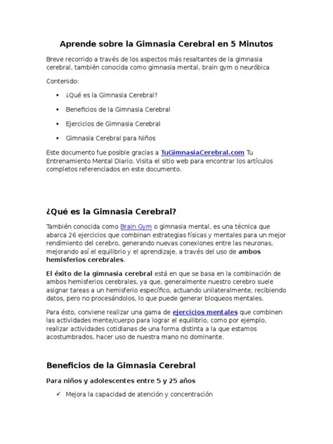 Aprende Sobre La Gimnasia Cerebral En 5 Minutos Pdf Cerebro Adultos