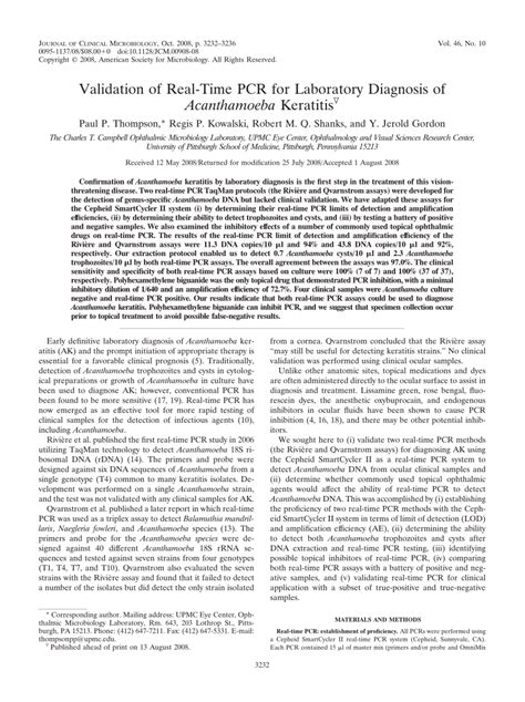 Pdf Validation Of Real Time Pcr For Laboratory Diagnosis Of Acanthamoeba Keratitis