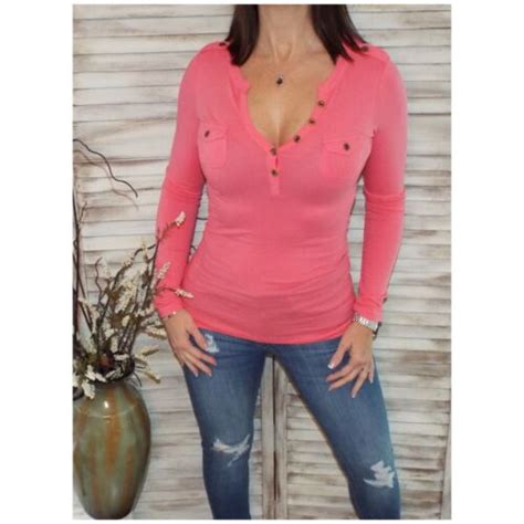 Sexy Deep V Neck Plunge Cleavage Military Henley Pocket Long Sleeve Top Coral Ebay