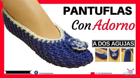 Pantuflas Y Babuchas Con Adorno A Dos Agujas Tejidos A Palillos