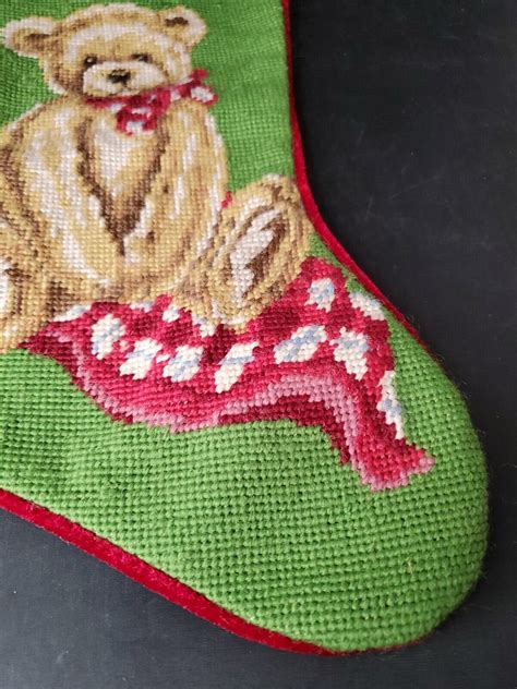 Needlepoint Christmas Stocking Teddy Bear With Red Bow Wool And Green