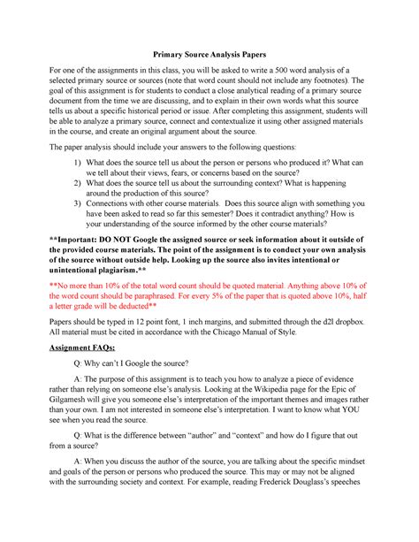 Primary Source Analysis Paper Instructions And Grading Rubric HIST