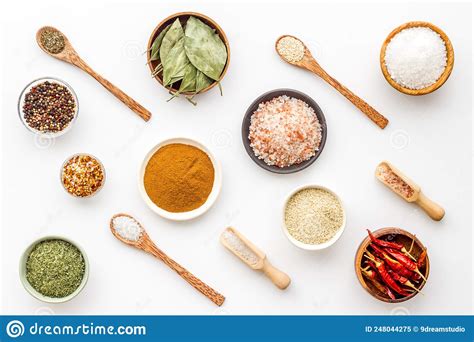 Set Of Colorful Spices And Herbs In Bowls Top View Stock Image Image