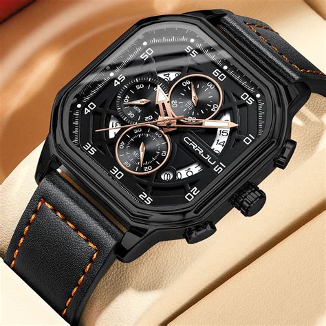 CRRJU Reloj De Pulsera De Cuero Para Hombre Cron Grafo Luminoso