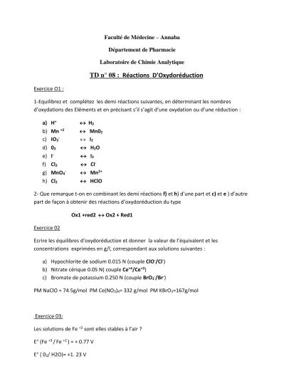 TD n 08 Réactions DOxydoréduction Exercice O1 1 Equilibrez et