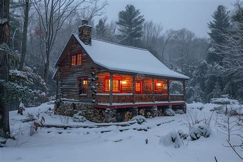 Cozy Rustic Cabin Surrounded by Snowy Wonderland Stock Photo - Image of ...