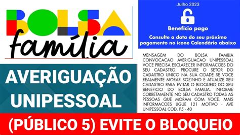 Saiu Nova Mensagem Bolsa FamÍlia AveriguaÇÃo Unipessoal PÚblico 5 Evite O Bloqueio Do Bolsa