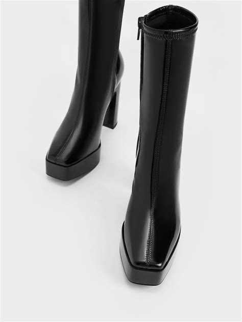 Black Patent Platform Block Heel Ankle Boots Charles And Keith Ph