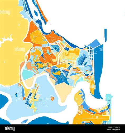 Color art map of Ilheus, Brazil, Brazil in blues and oranges. The color ...