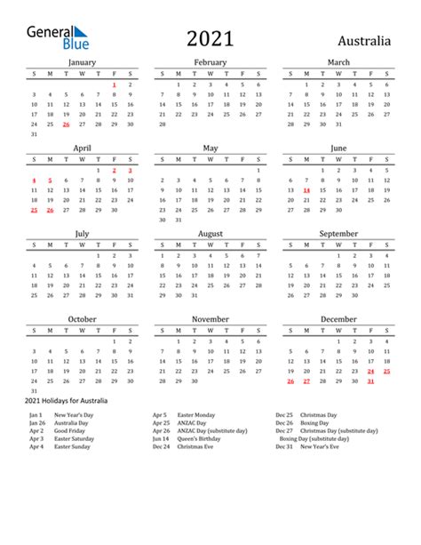 2021 Australia Calendar With Holidays