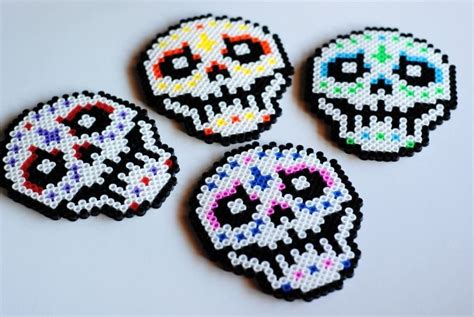 4 Piece Candy Skull Coaster Set Wall Art Perler Bead Art Melty