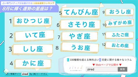 8月の星座占いランキングをziredが発表｜占いメディア Ziredのプレスリリース