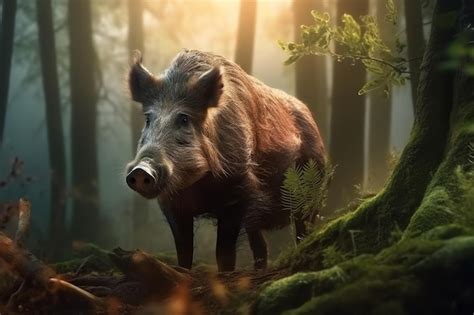 Premium AI Image | A pig in the forest with a tree stump in the background