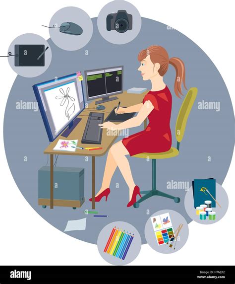 Designer Girl Sitting At The Computer And Drawing On A Graphic Tablet