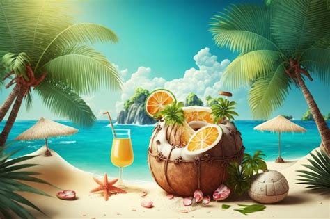 Premium Photo Coconut Cocktail On A Tropical Beach Generative Ai