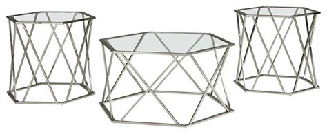 Bowery Hill 3 Piece Glass Top Accent Coffee Table Set In Chrome Contemporary Coffee Table