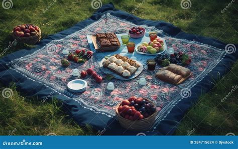 Fresh Berry Picnic Feast On Grassy Meadow With Homemade Gourmet Treats