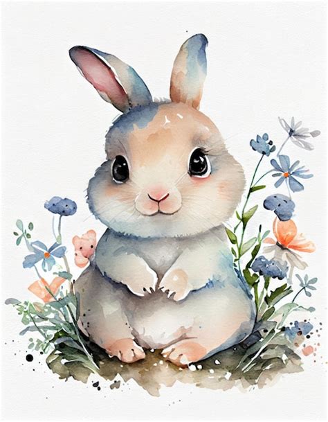 Premium Photo A Watercolor Painting Of A Rabbit With Flowers And A