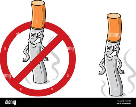 Cartoon angry cigarette butt with smoke, fire and stop sign for ...