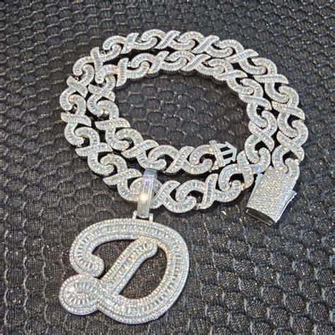 Iced Out Big Baguettes Cz Cursive Font Initial Letter Pendant Necklace