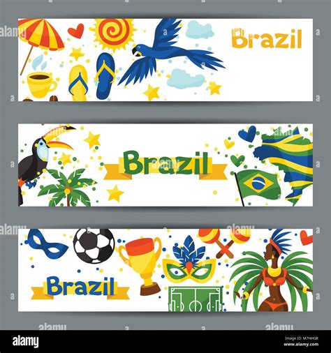 Brasil Pancartas Con Objetos Estilizados Y S Mbolos Culturales Imagen