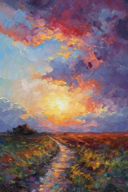 Premium AI Image | Vibrant Impressionistic Sunset Landscape Painting