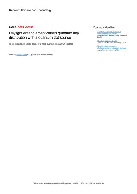 PDF Daylight Entanglement Based Quantum Key Distribution With A