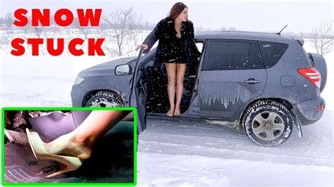 Vika Barefoot In High Heel Stuck Revving Drive Reverse In Snow Pedal