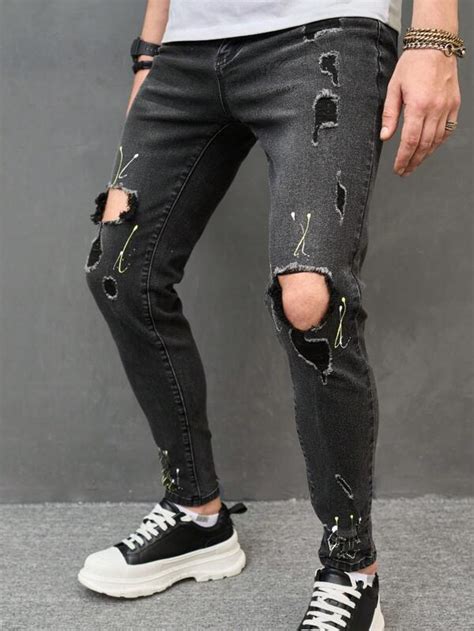 Manfinity Legnd Men Cotton Splash Ink Print Ripped Frayed Skinny Jeans