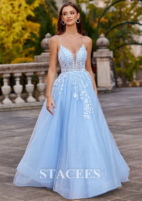 A Line Princess Tulle Prom Dress V Neck Floor Length With Appliqued