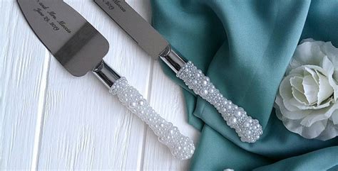 Pearl Cake Cutter Set For Wedding Engraved Cake Servers White Etsy