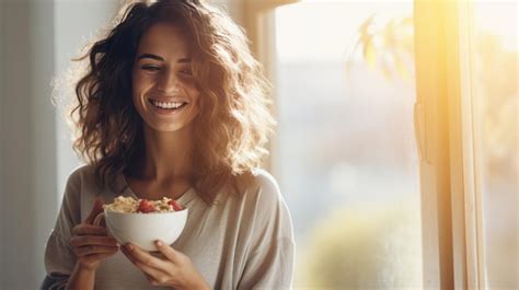 Premium AI Image Beautiful Brunette Woman Eating Breakfast Holding