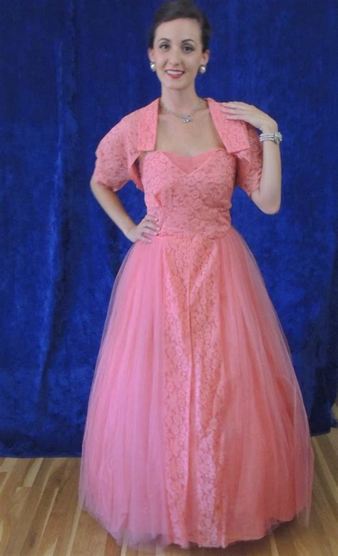 40s Pink Prom Dressmed28wlong Lace Tulle Prom Dress1940s Full Skirt