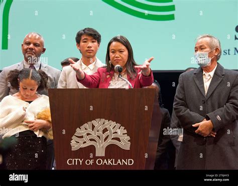 Oakland, CA - Jan 9, 2023: Newly Inaugurated Oakland Mayor Sheng Thao speaking at the ...