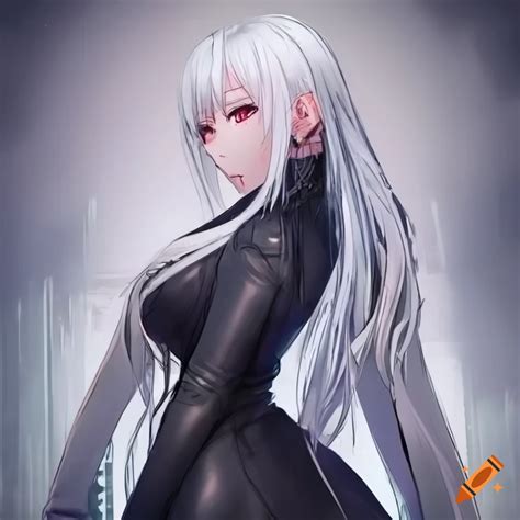 Anime Woman With Long White Hair And Striking Crimson Eyes