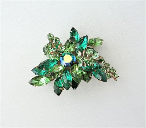 Vintage Green Rhinestone Brooch Two Tone Rhinestone Pin Aurora