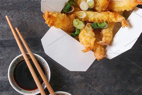 Fried tempura shrimps with sauces containing tempura, shrimp, and fried ...