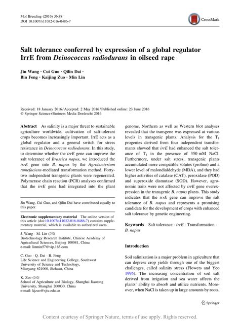 Salt Tolerance Conferred By Expression Of A Global Regulator Irre From