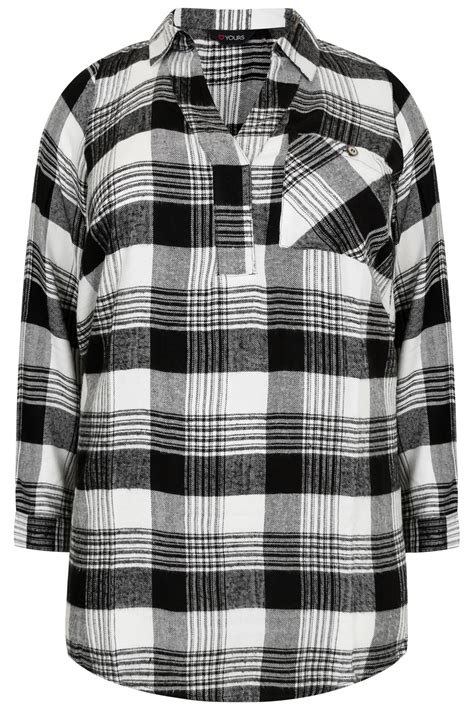 Black White Monochrome Oversized Checked Shirt With V Neck Plus Size