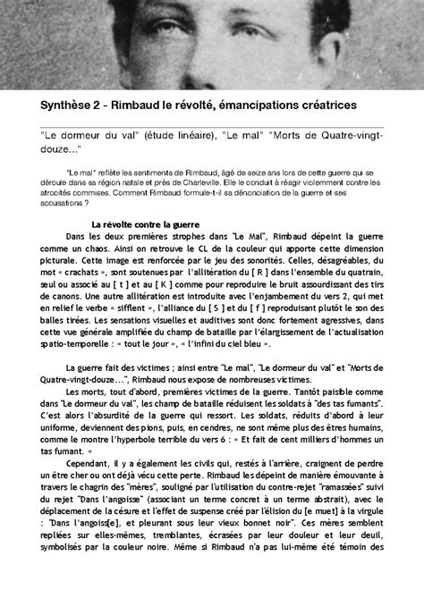 Cours Rimbaud Le Révolté Synthèse 2 Rimbaud Le Révolté